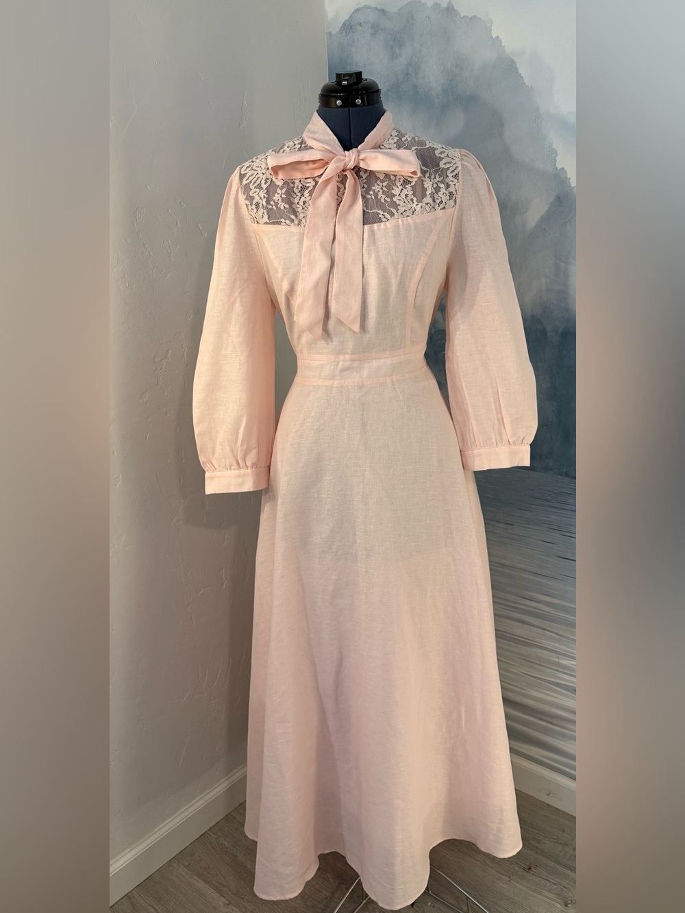 Elegant Light Pink Lace-Yoke Midi Dress #317